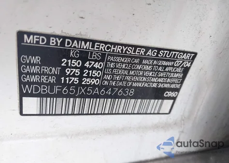 2005 Mercedes-Benz E 320 from USA, damaged, VIN WDBUF65JX5A647638